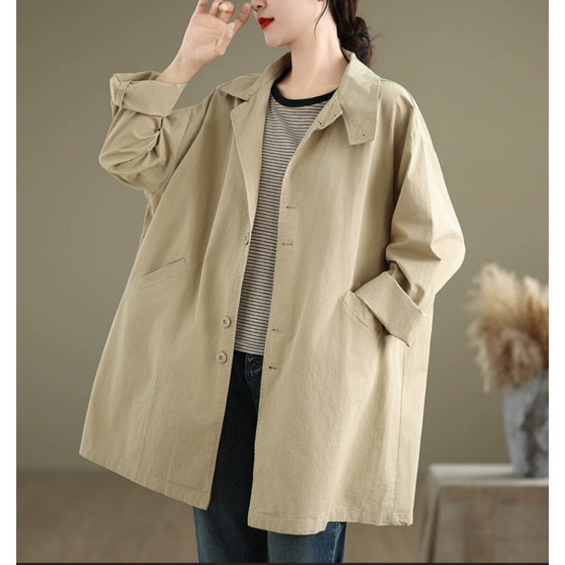 Настоящая фотография новой женской ветровки средней длины на весну и осень 2025 года, повседневная универсальная свободная утягивающая куртка в корейском стиле