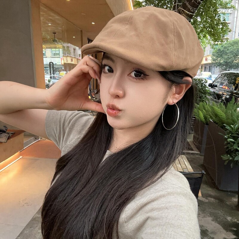 韩国复古磨砂感翻毛皮前进帽女复古显脸小贝雷帽秋冬季反戴八角帽|undefined
