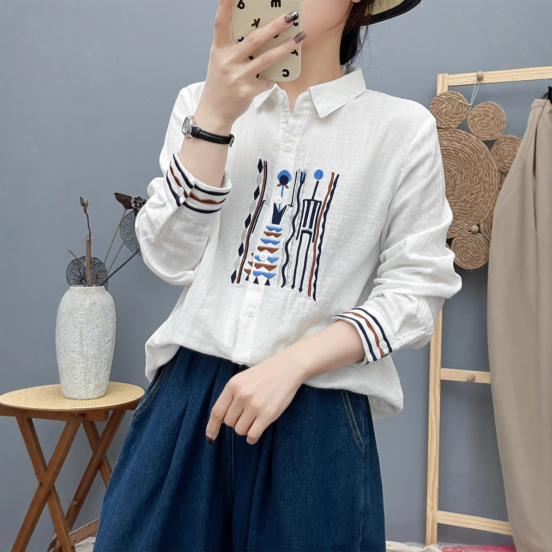 文艺复古民族风刺绣纯棉衬衫女 秋装新款双层棉纱宽松女式衬衣