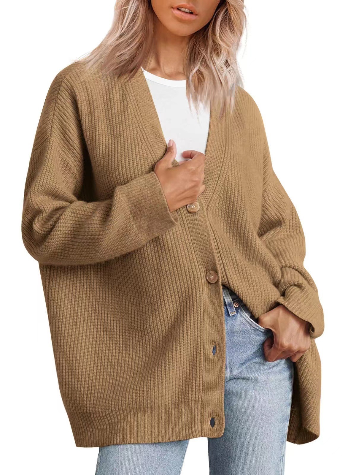Damen V-ausschnitt Strickjacke Slim Fit Eleganter Pullover_voghion.com