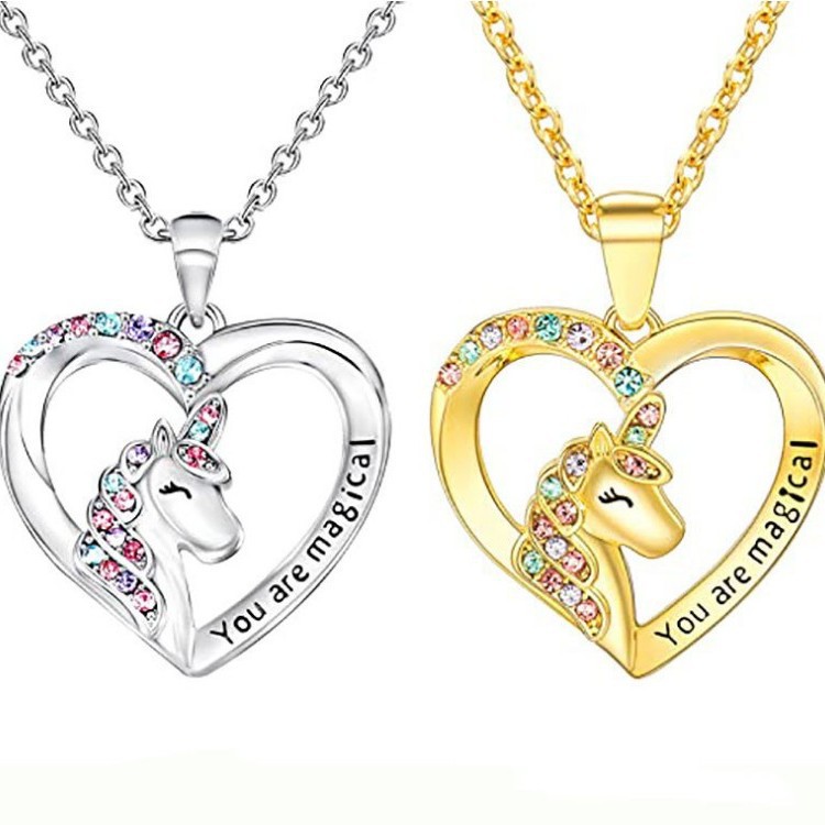 European and American Cross-Border Jewelry Unicorn Pegasus Necklace Colorful Heart-Shaped Pony Oil Drop Pendant Manufacturer Wholesale