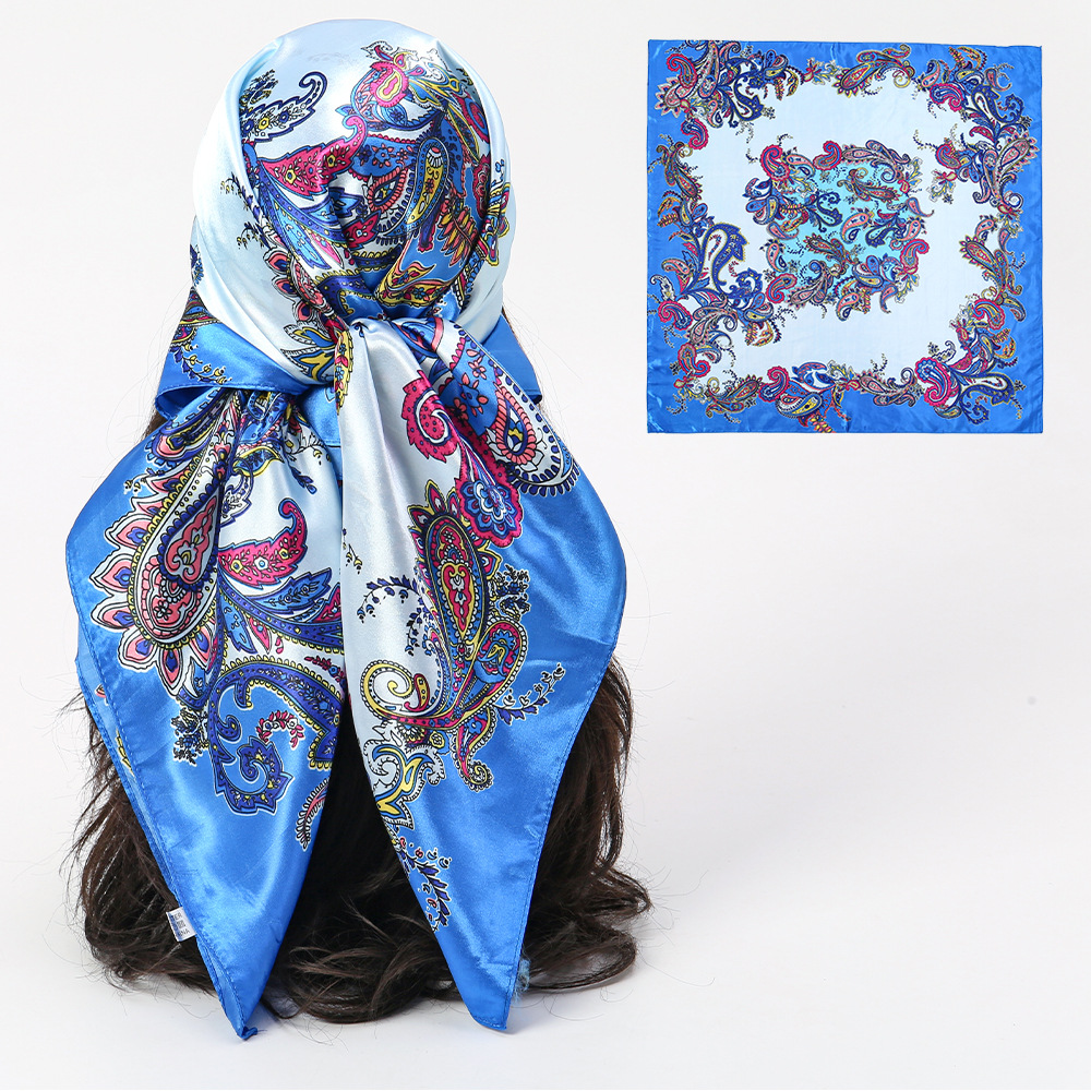 Moda y elegancia 90 satén bufanda cuadrada grande protección solar playa bufanda de seda chal patrón de flor de anacardo de doble uso collar de cinta mujer