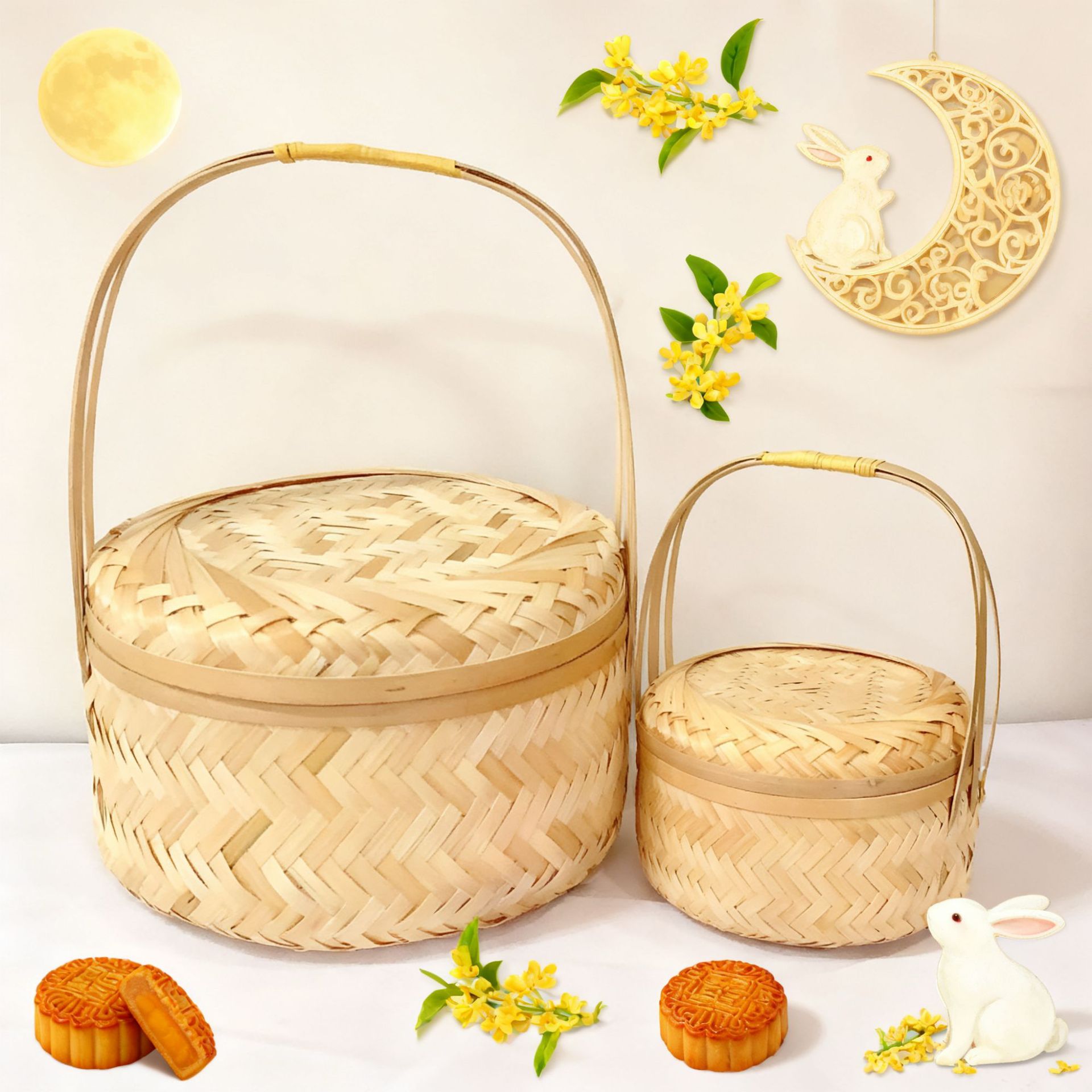 Cesta de Regalo de Bambú Grande con Tapa para Pasteles de Luna y Té