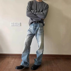 小众潮牌复古水洗做旧冰蓝奶油落色猫须cleanfit微喇直筒牛仔裤男