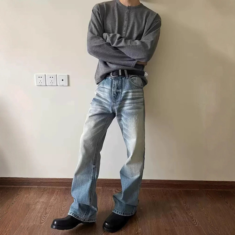 Niche Trendy Brand Retro Washed Distressed Ice Blue Cream Faded Whiskers Cleanfit Micro-Flared Straight Jeans for Men