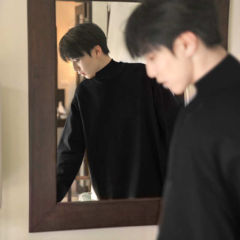청결한 반 높이 칼라 양털베이스 셔츠 남자의 가을과 겨울 검은 스웨터 세트 내부 무거운 긴 소매 티셔츠