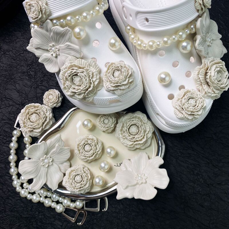 Tweed Style High-End Hole Shoe Accessories Shoe Flower Ins Puff Bouquet Pearl Chain Stereo Removable DIY Shoe Buckle