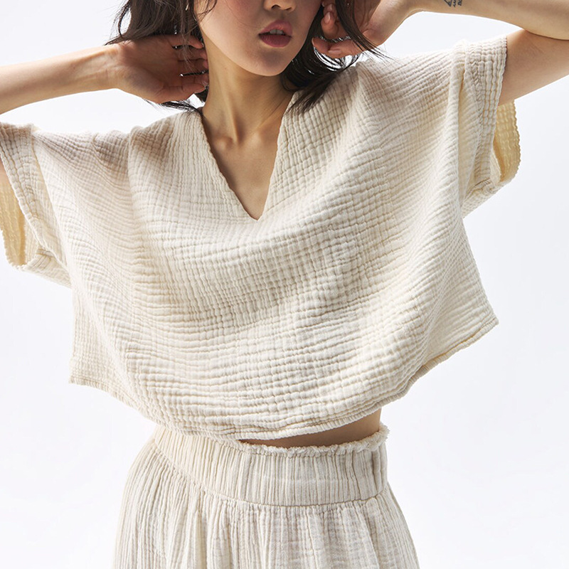 Super Soft ~ Short Pure Cotton Gauze V-Neck T-Shirt Summer American Simple Thin Short-Sleeved Casual Loose Cotton Top