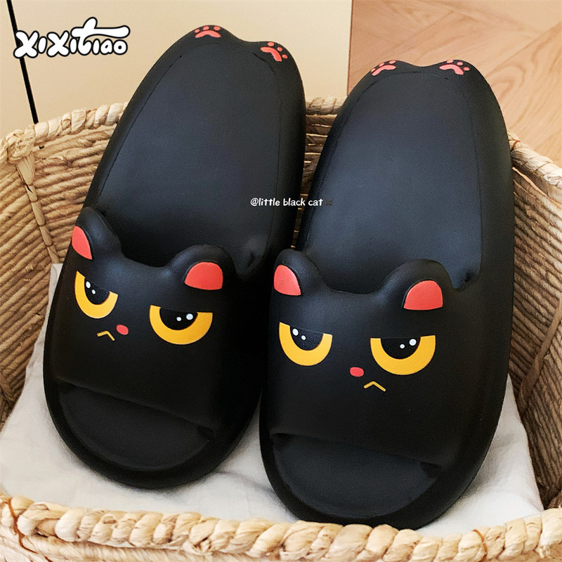 細くて怒っている黒い猫のスリッパ夏のカップルのかわいい趣味の家EVA柔らかい底の風呂は男女を引きずっている|undefined