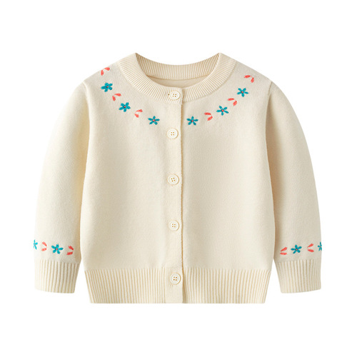 Children's cardigan coat, girls 'thin sweater, pure cotton thread embroidery, Korean round neck, baby spring and autumn outer sweater