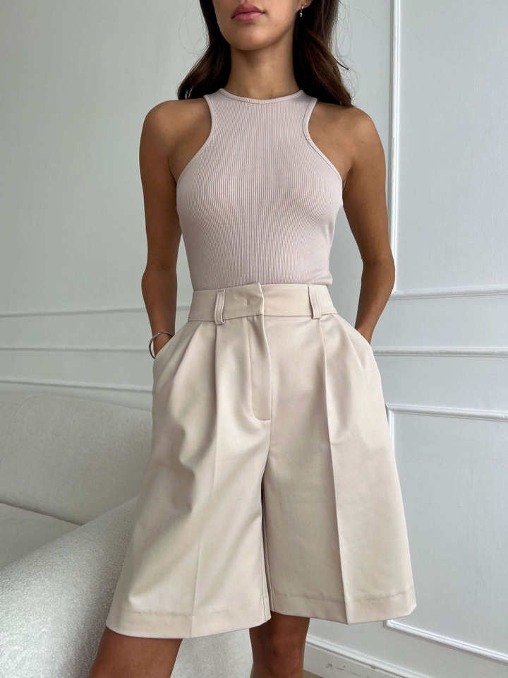 Quần short ống đứng kiểu quần vest lưng cạp chun, dáng năm phần rộng rãi tôn dáng — Màu mơ, Màu trắng chi tiết 16