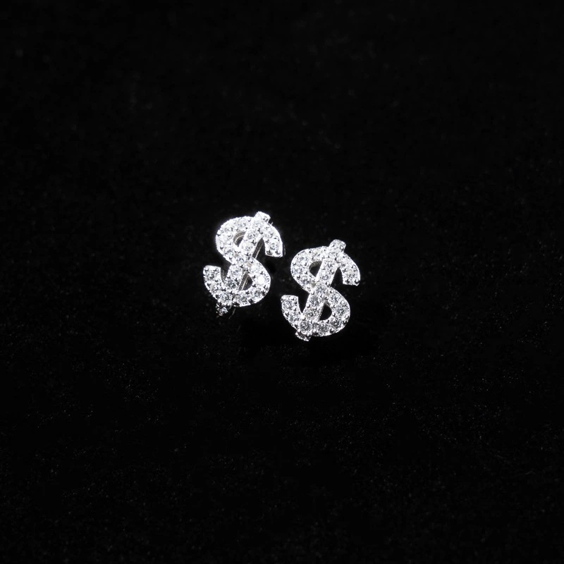 New Style Dollar Sign Earrings For Men, High-End Zircon Inlaid Super Shiny Hip-Hop European And American Niche Ear Bone_voghion.com