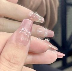 【絲綢飄帶】手工穿戴甲手繪溫柔氣質珍珠貓眼顯白高級感春季美甲