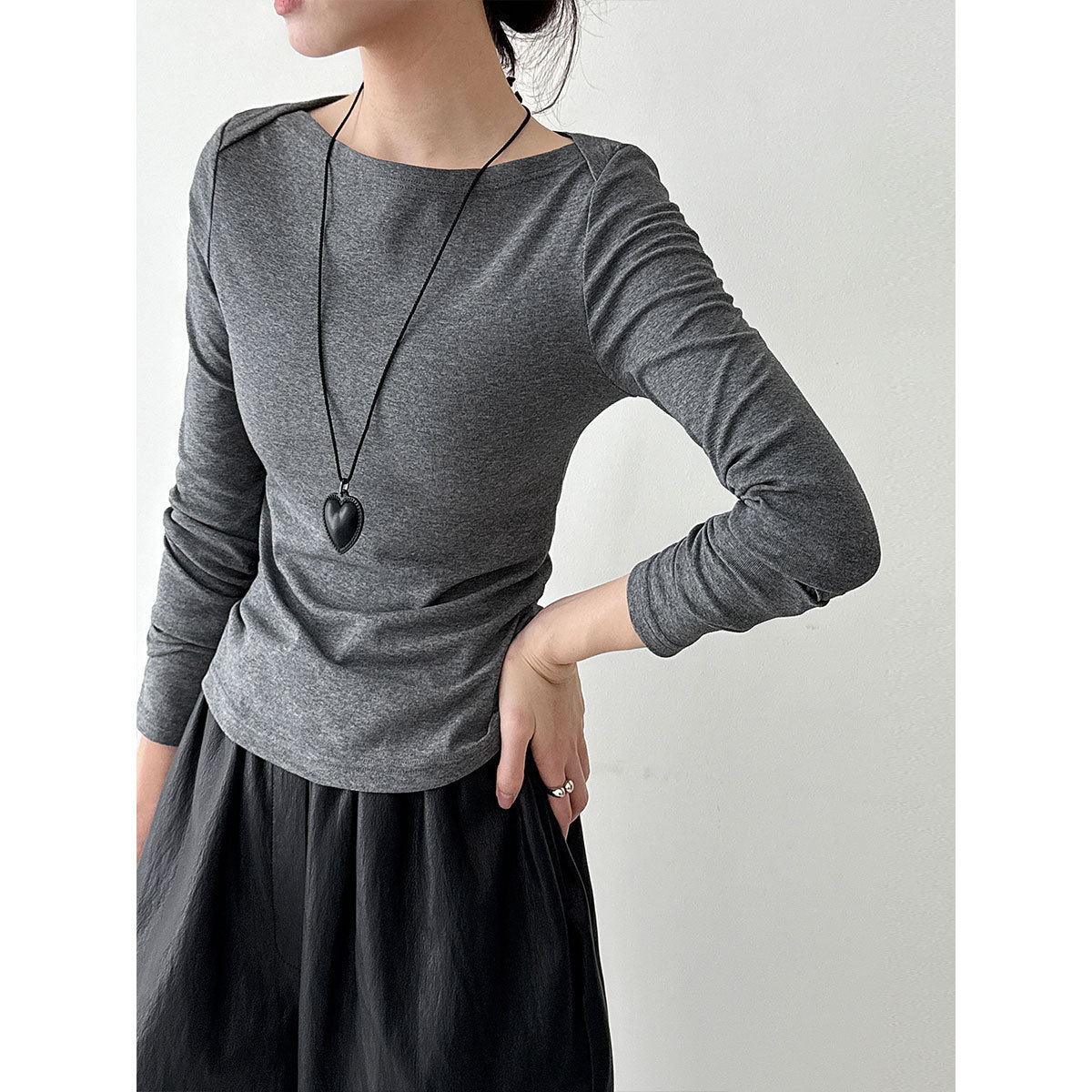 Ns Retro Simple Boat Neck Design Slim Inner Top Women's Autum New High-Sense Waist T-Shirt 2075