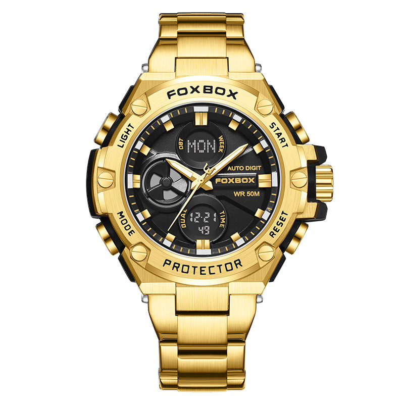 FOXBOX / clásico hombre doble pantalla multifunción reloj de despertador impermeable luz nocturna de moda reloj de pulsera de correa de acero