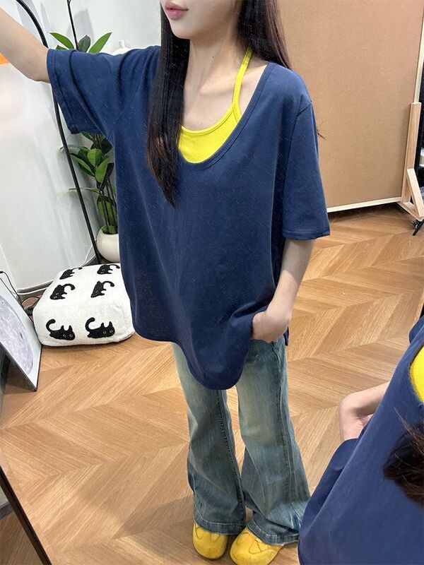 韓国東大門ルーズVネックフェイクツーピース半袖Tシャツ夏スタイルピュアコットンスリムレイジースタイル半袖トップ|undefined