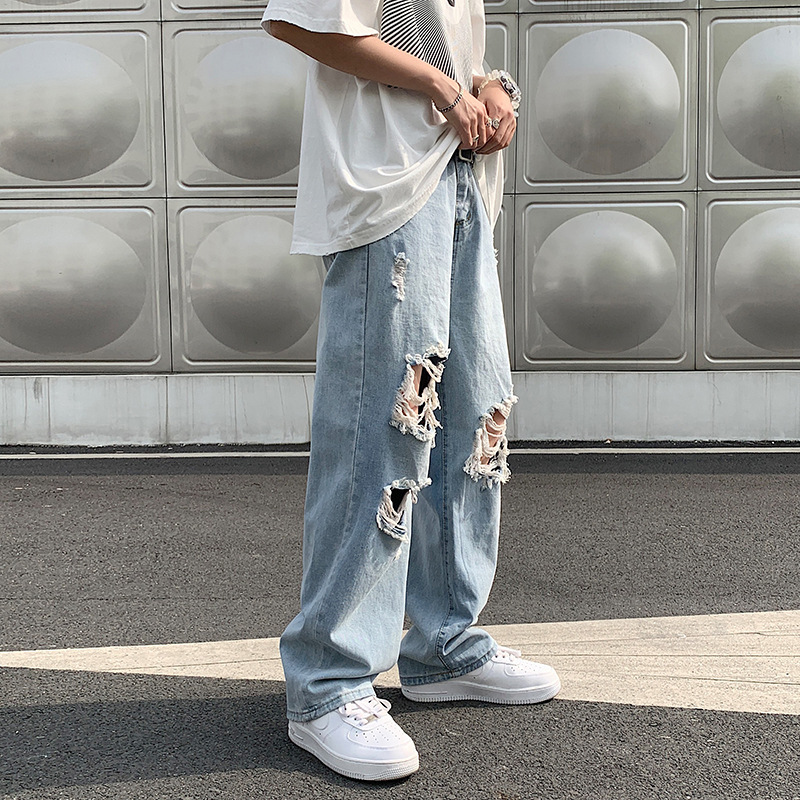 High Street Ripped Jeans Men's Ins Fashion Brand Hip-Hop Wide-Leg Pants Summer Thin Straight Loose Casual Torre Pants