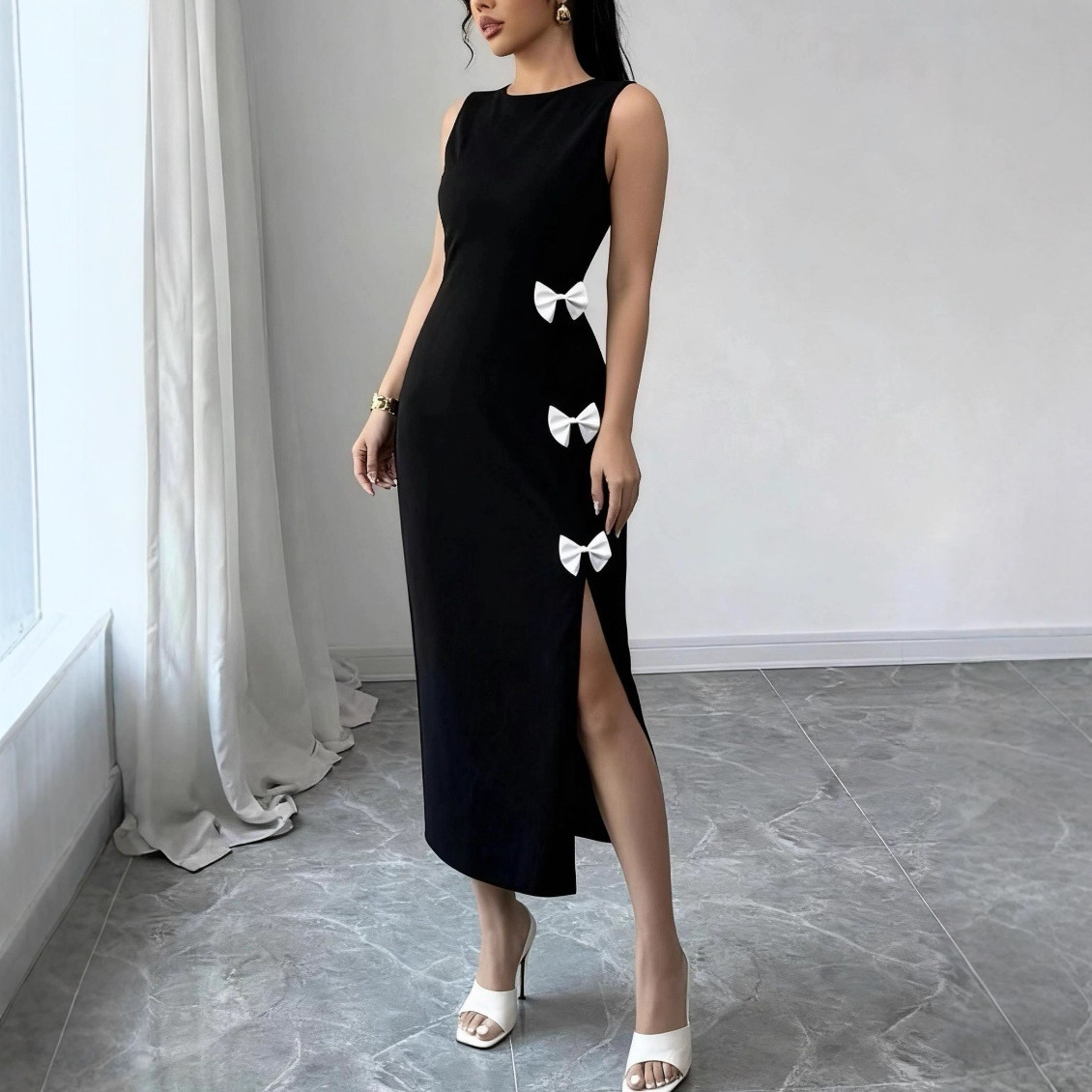 Elegant Knit Maxi Dress With High Slit – Stretchy Bodycon Long Dress For Women (Black, S-XL)_ecoleips.com