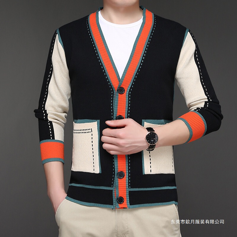 2022 Spring Cardigan Men's Fashion Casual Knitted Sweater Color Matching Long Sleeve Top Korean Style Trendy Men's Clothing Breathable