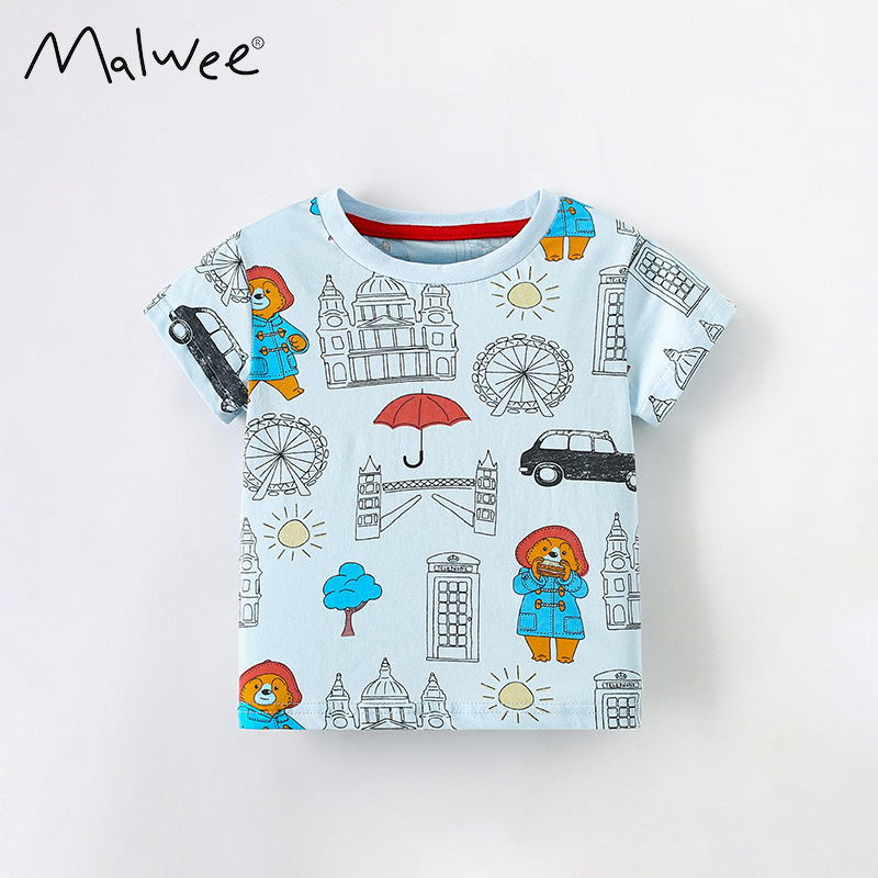 Malwee niños verano nuevo guapo impreso cuello redondo camisa casual manga corta europeo y americano niños camiseta superior