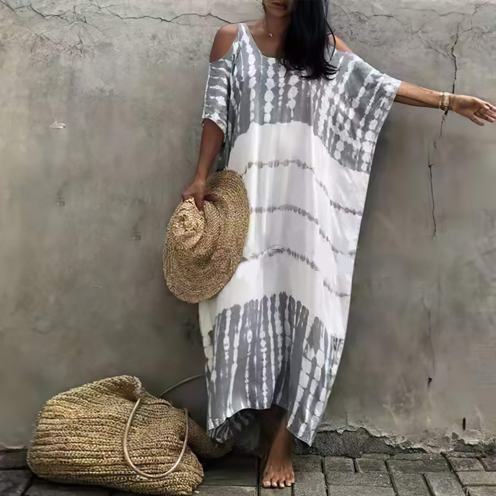 Blusa de playa europea y americana fuera del hombro posicionamiento túnica vacaciones en el mar Falda larga bikini traje de baño camisa de protección solar 1D31