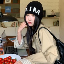 凉芳韩系字母毛线帽子女秋冬季保暖护耳针织帽男显脸小登山套头帽