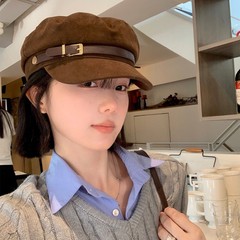 日系复古棕色皮带扣鸭舌贝雷帽女时尚百搭显脸小艺术云朵画家帽子