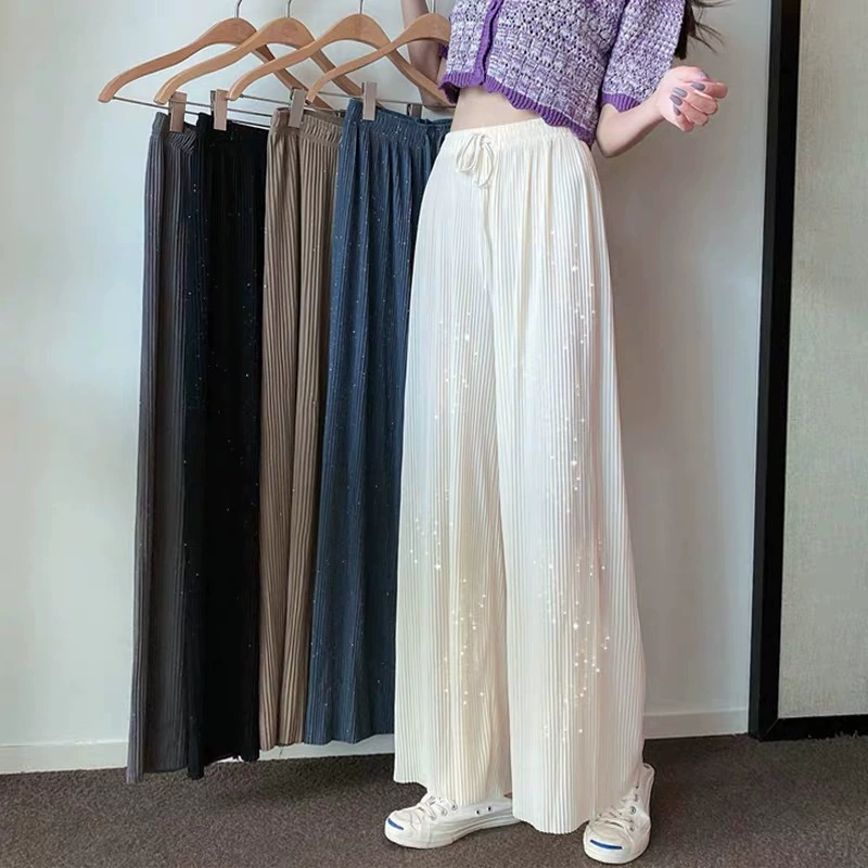 Pleated Wide-Leg Trousers, Starry Sky Print, One Size, Elastic Waist Drawstring