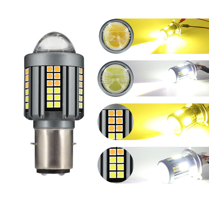 Dual-color motorcycle fish-eye spotlight LED high-brightness front headlight with white and yellow dual-color lens bulb BA20D modification light