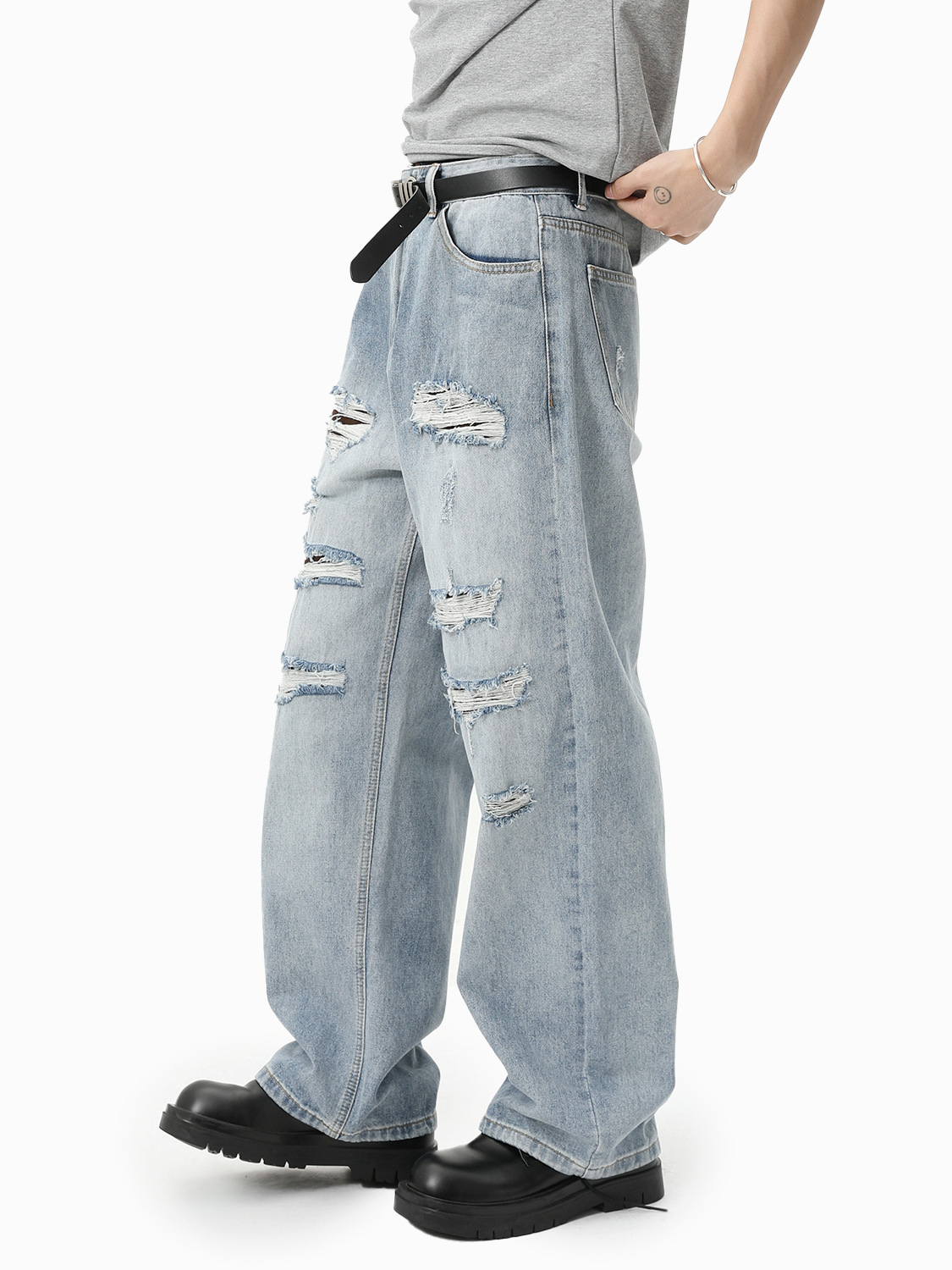 MTLCLOTHES Hombres| Hacer viejos agujeros vibe desgastado tendencia casual rectas sueltas lavados jeans