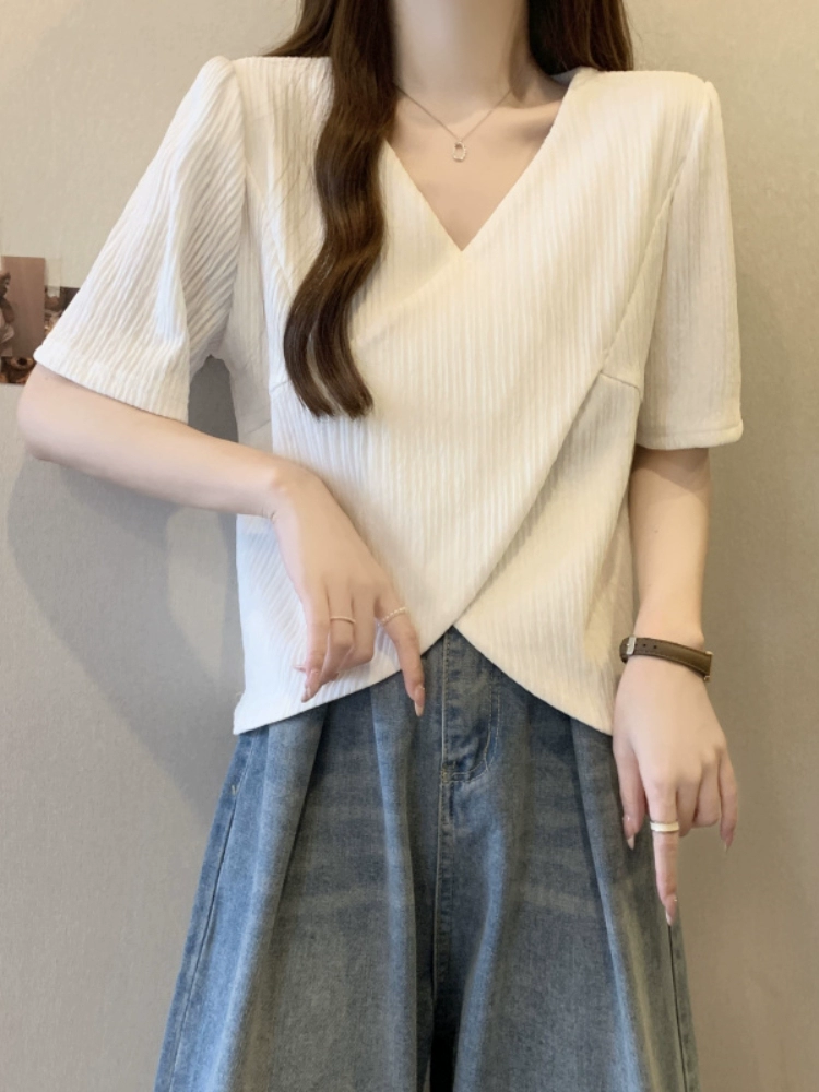 Женская футболка с короткими рукавами и нерегулярным v-образным вырезом, летняя футболка больших размеров с утягивающим эффектом, дизайн крестообразного топа, шикарная и красивая рубашка