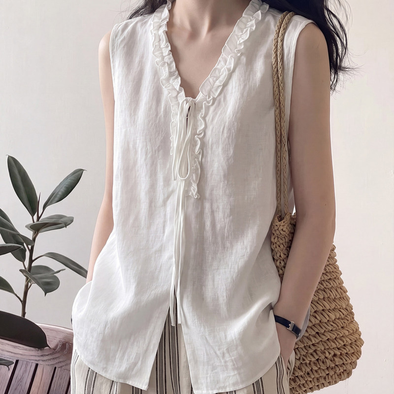 French-style ruffled lace-up V-neck linen sleeveless vest shirt for women, summer high-end elegant thin top French-style ruffled lace-up V-neck linen sleeveless vest shirt for women, summer high-end elegant thin top