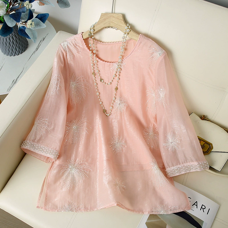 Новая летняя двухслойная женская рубашка из рами с вышивкой, свободный и универсальный топ с рукавами три четверти, тонкая дышащая футболка в художественном стиле.