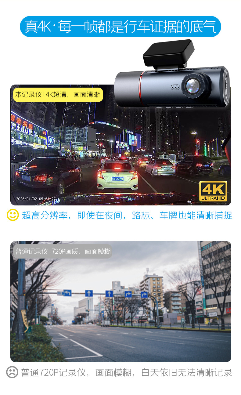 Cross-Border 4K High-Definition Night Vision 3.19inch Dash Cam with Three Lenses Recording Simultaneously from the Front, Inside the Car, and from the Rear, with Wifi