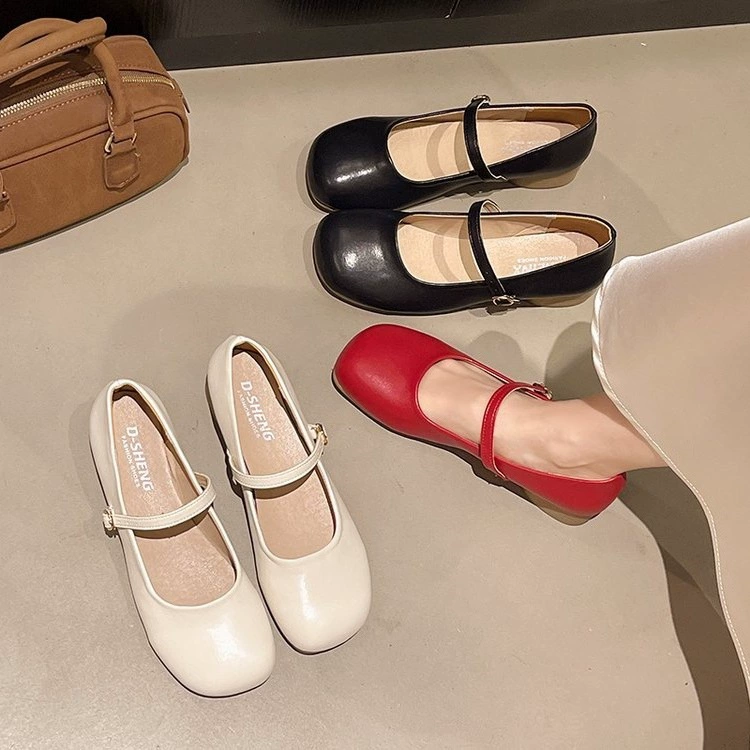 Женские балетки на низком ходу 2025, новые летние, на толстом каблуке, с мягкой подошвой, элегантные, подходят к юбке, нежные французские туфли Мэри Джейн из кожи.