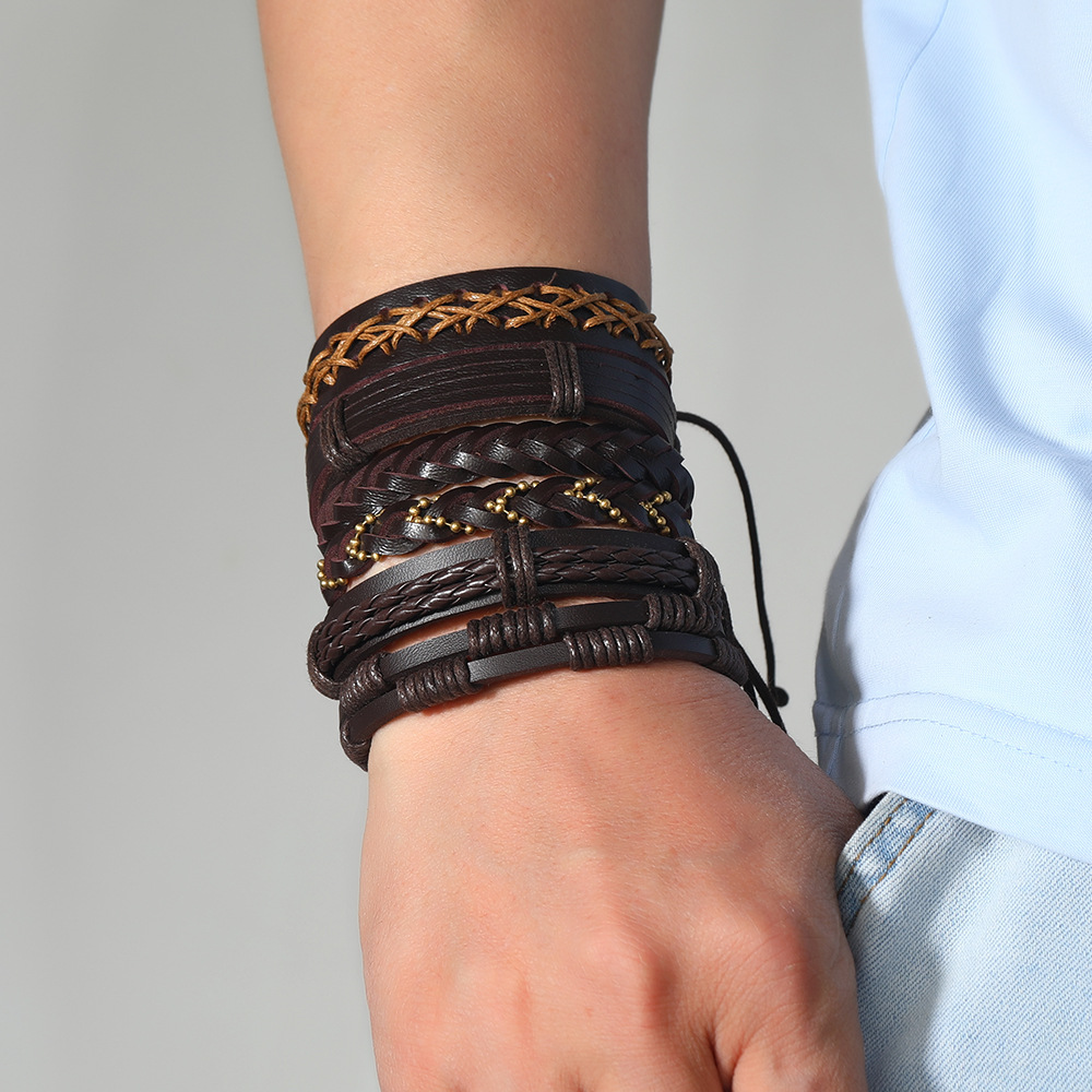 Braid Design Retro Waves Pu Leather Wax Line Braid Men's Bracelets Men Cord & Leather Bracelets