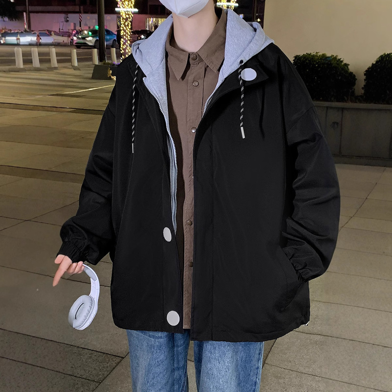 Cross-border Men's Hooded Jacket Spring and Autumn New Fake Two-piece Sports School Team Jacket Trendy Brand Tooling Plus Size Jacket