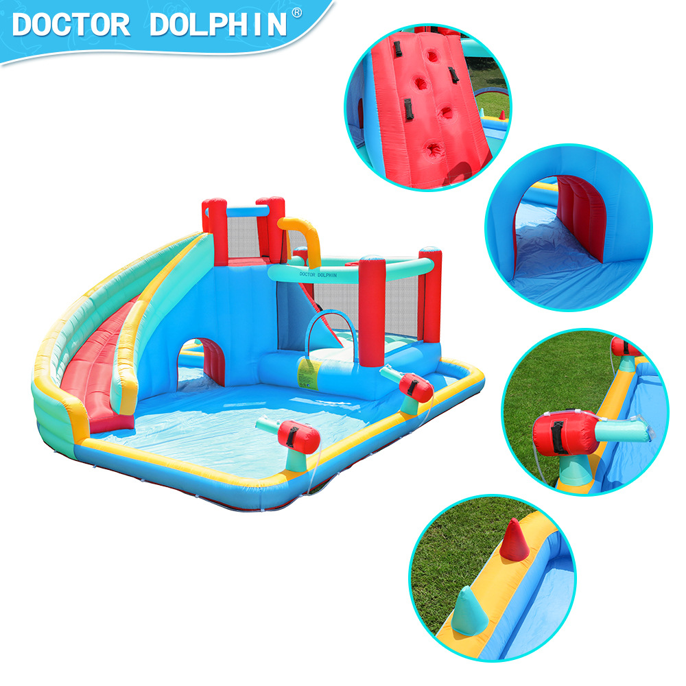 Castillo inflable Doctor Dolphin, castillo inflable pequeño para niños con rociador de agua para interiores, trampolín inflable para el hogar, tobogán, piscina de olas