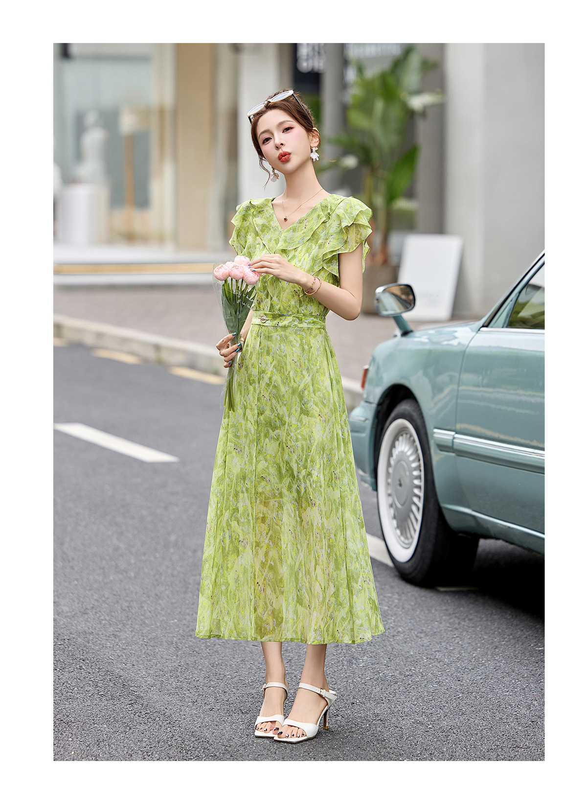 Đầm maxi nữ thắt eo cổ V in họa tiết hoa dáng dài — Hoa xanh lá cây, Hoa xám chi tiết 15