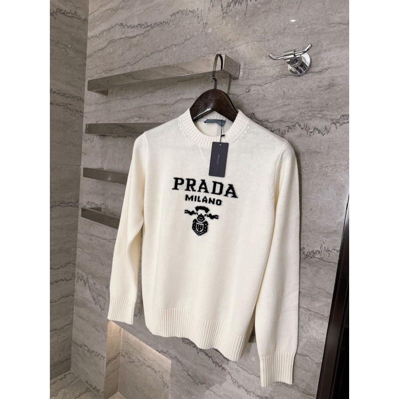 Prada Logo Jacquard Crewneck Sweater White