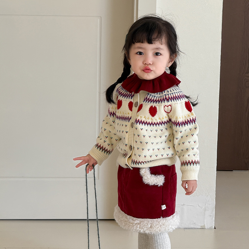 Big Sale Model] Cane Pear Children's Clothing Girls Sweater Suit Winter Children's Korean Knitted Cardigan Top Baby Clothes