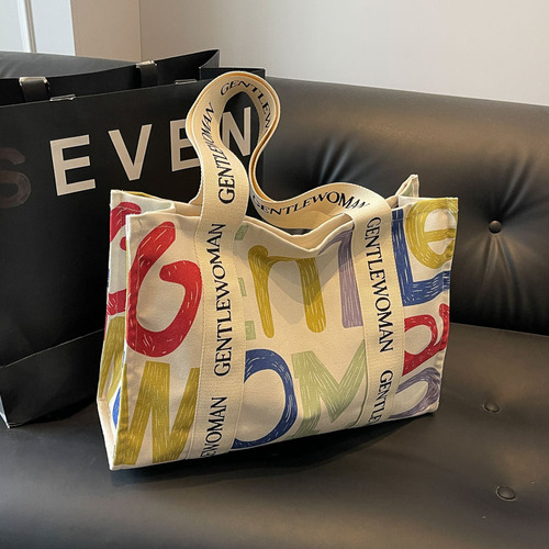 Colorful Letter Print Canvas Shoulder Bag Women Large Capacity Tote Bag Hand-held Shopping Bag Mommy Bag Cross-border