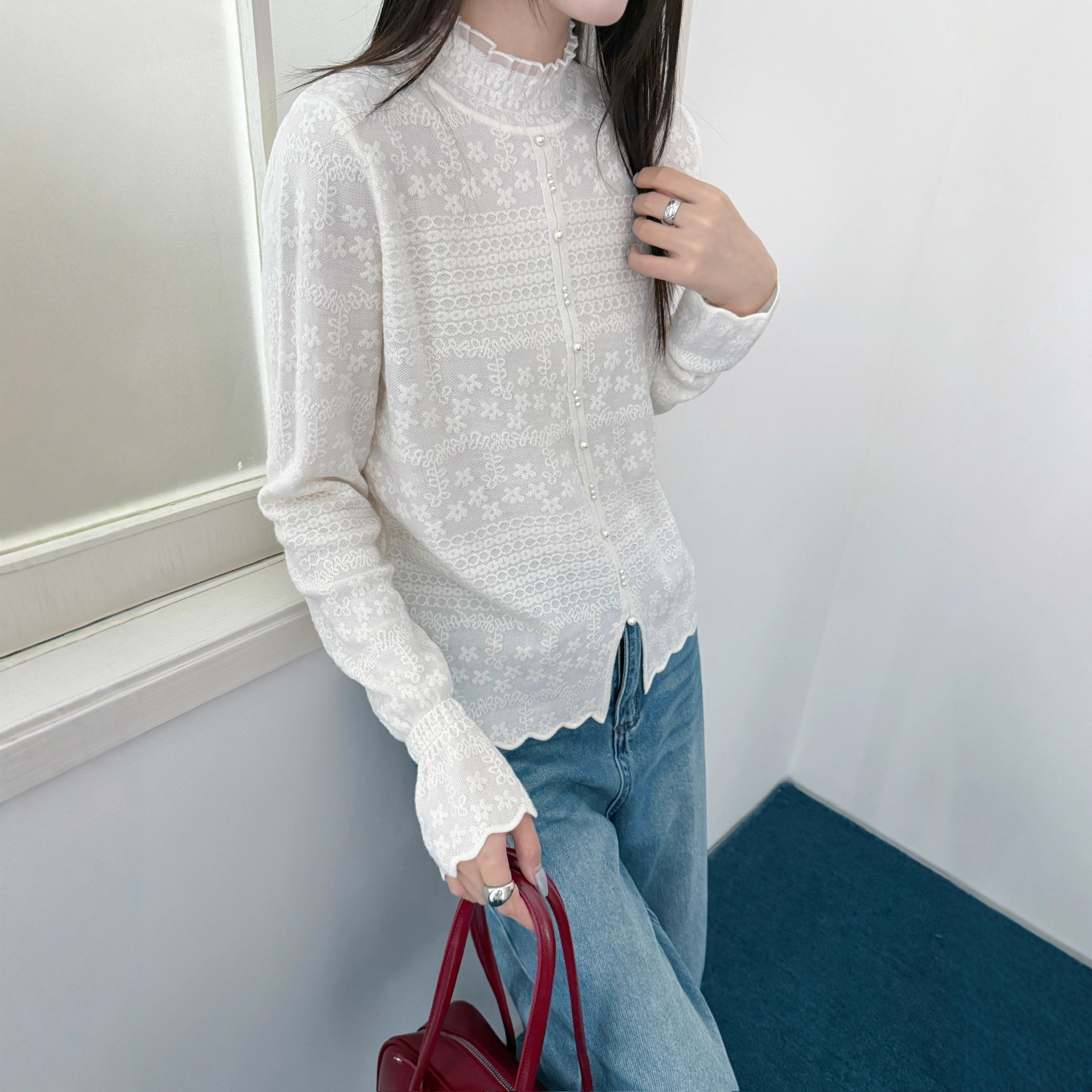 Puyuan Fine Wool Organza Lace Half Turtleneck Bottoming Shirt Lady Knitted Sweater with Korean Style Women's Clothing
