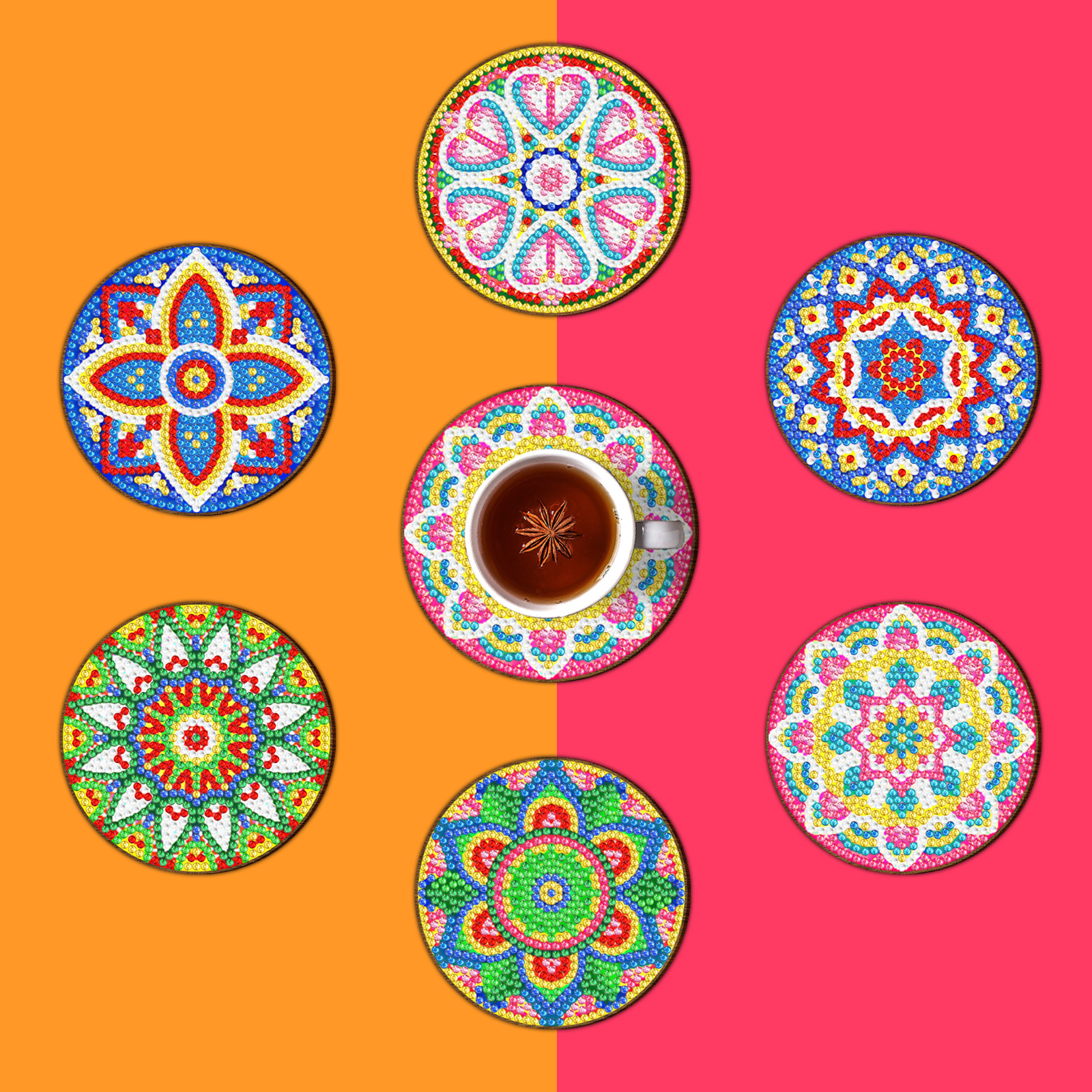 Pintura de diamante de madera alrededor de la almohadilla de taza de madera hecha a mano almohadilla de mesa marco de hierro pintura decorativa de la sala de estar