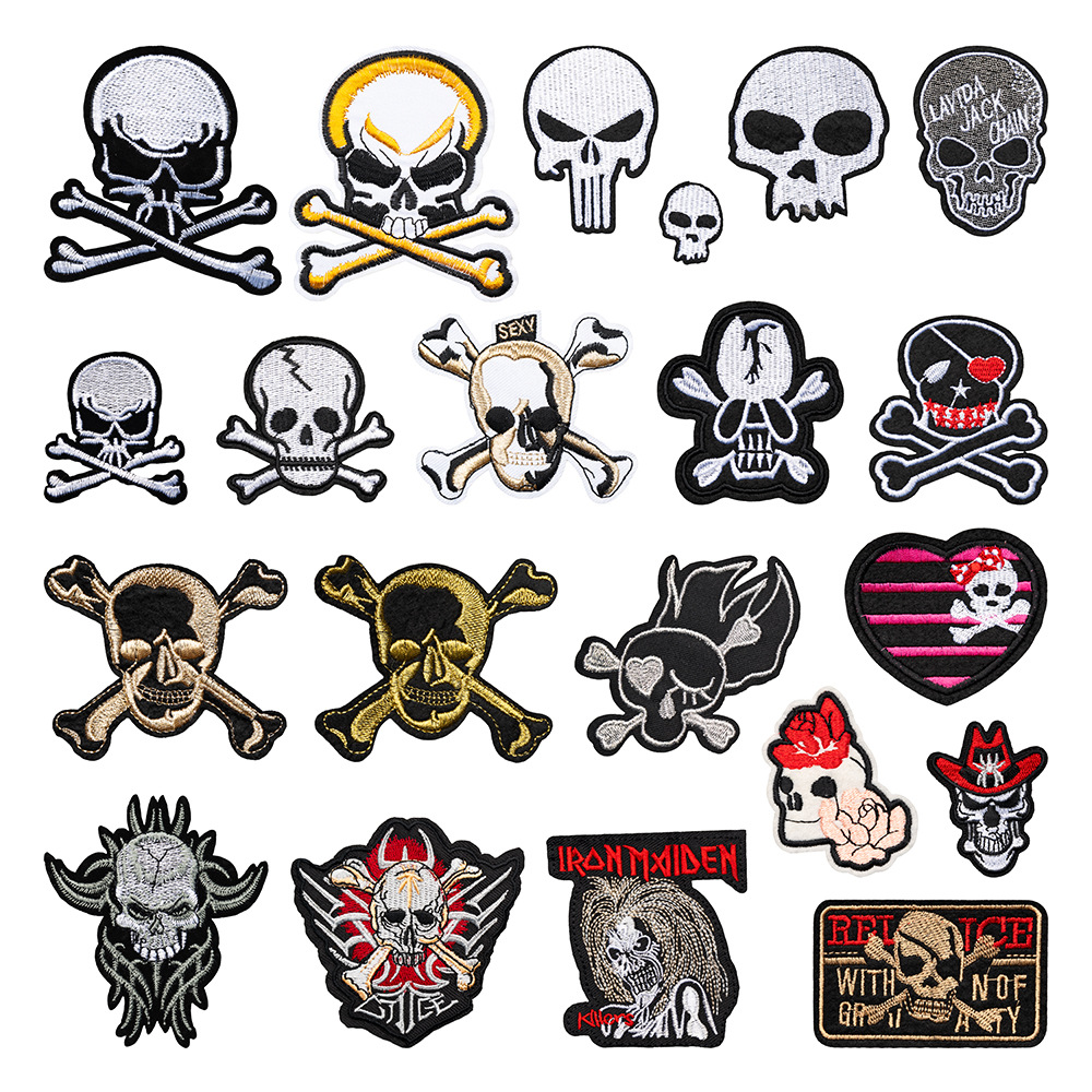 Cross-border New European and American Trend Skull Badge Computer Embroidered Embroidered Cloth Sticker Adhesive Patch for Clothes with Holes