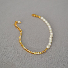 韓版閃耀鋯石鏈條淡水米粒珍珠拼接秀氣時尚簡約手鏈長度可調女