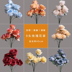 Home Decor Bouquet of 9 Artificial Roses, Living Room Dining Table Fake Flower Ornament, Wedding Floral Arrangement Silk Flower Art