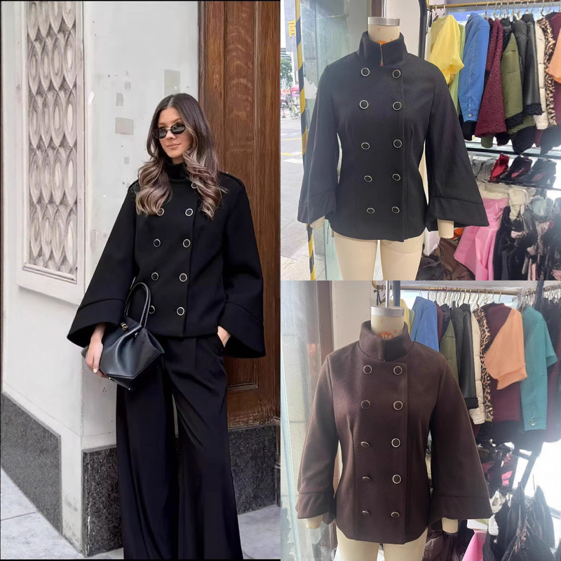 Cross-Border Foreign Trade Spot European and American Style Women's Winter New Fashion Versatile Double-Breasted Bat Sleeve Jacket