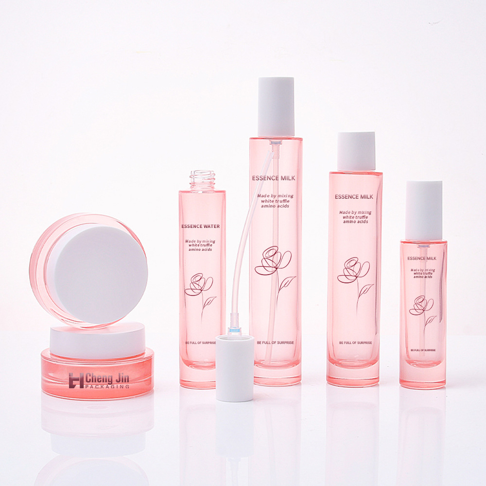 粉色透明圆柱形玻璃瓶套装广州现货化妆品精华液瓶膏霜瓶护肤品