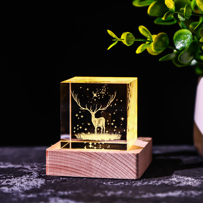 Cubo de cristal decoración interruptor de luz cálida base de madera talla interior Luna Sistema Solar Galaxy decoración de escritorio regalo de niña